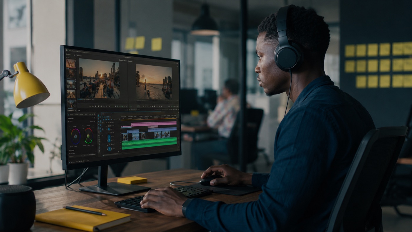 Monteur vidéo au travail dans nos bureaux